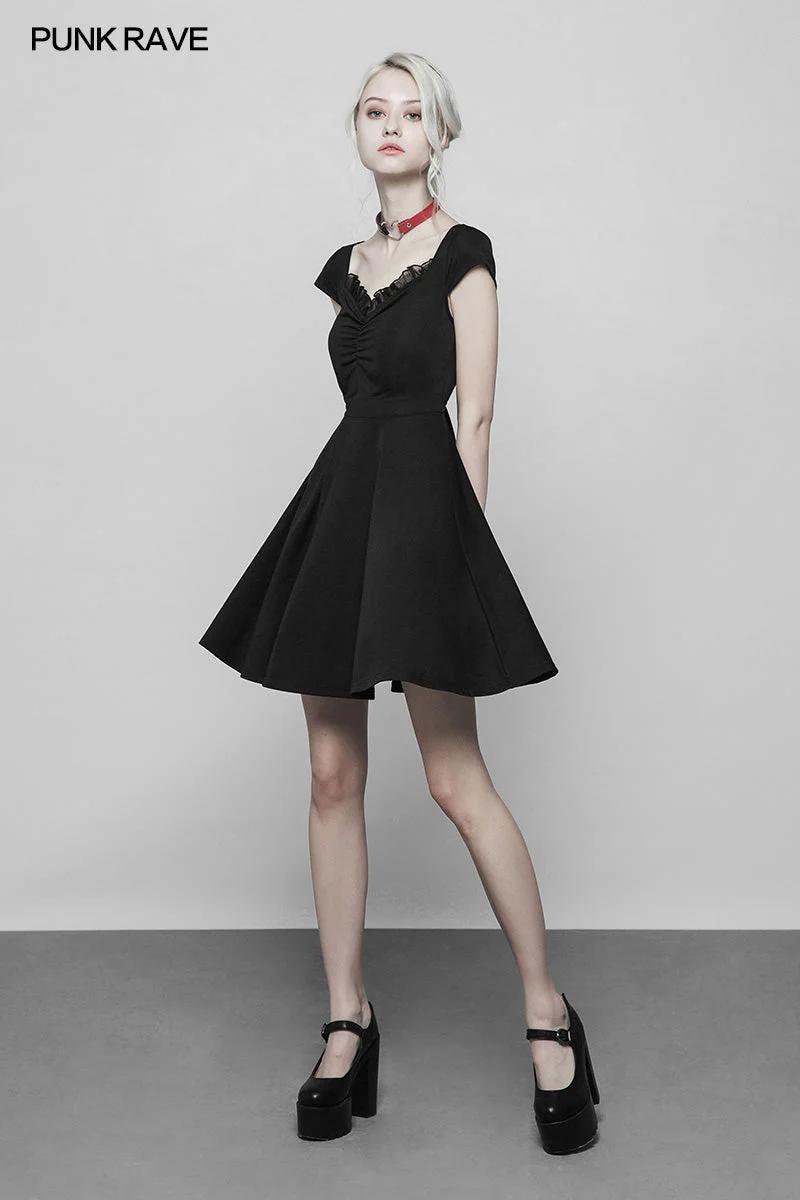 OPQ-360 Womens Lotus Leaf V-Collar Folding Back Drawstring black Halter Dress - Image 6