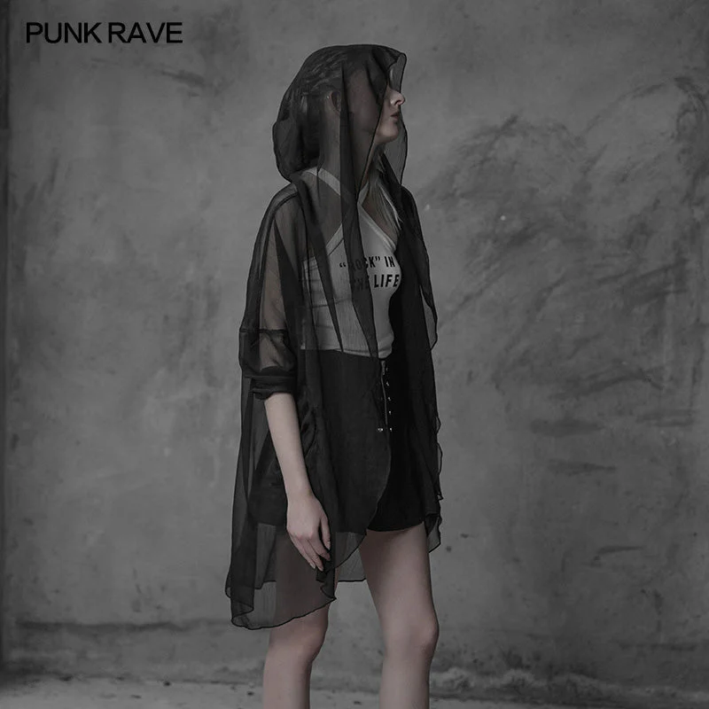 OPY-319 Womens Minimalist Chiffon Gothic Coat With Big Wizard Hat Summer Mystery Light Elegant Outwear