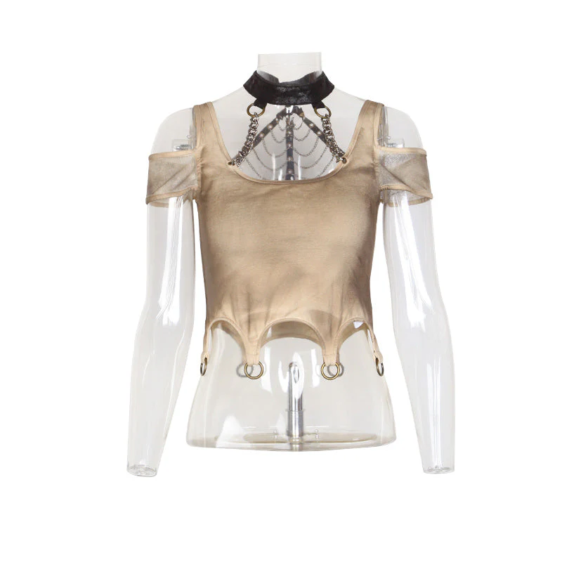 T-386 Womens Punk Personality Iron Chain Around Neck Strapless Top - Image 9
