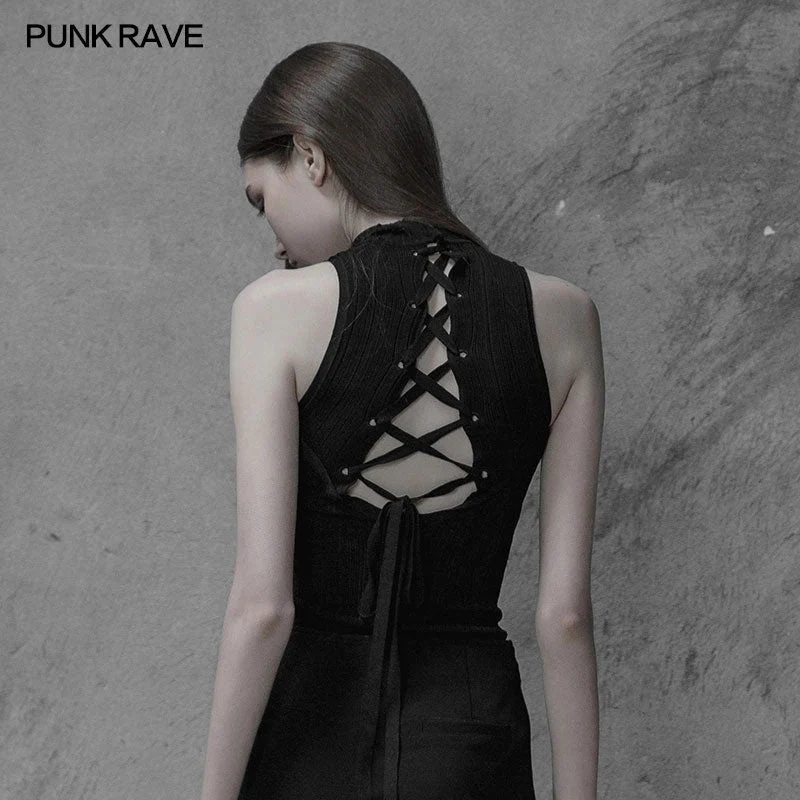 OPM-100 Womens Sexy Cross Thin Roping Ice Silk Knitted Punk Vest - Image 3