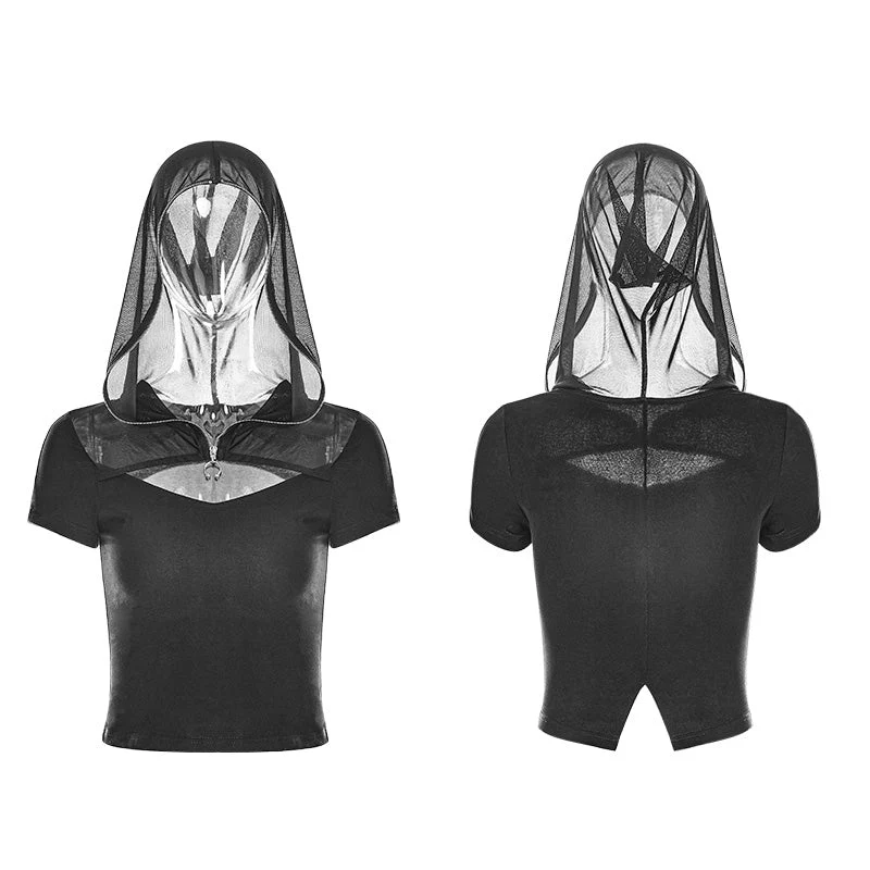 OPT-220 Womens Sexy Short Punk Knitted Mesh Stitching Tight T-shirt With Zipper Wizard Hat - Image 4