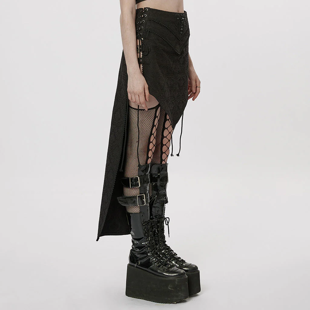 WQ-371BQF Gothic Asymmetrical black Lace Skirt with Front and Side Slits - Image 3