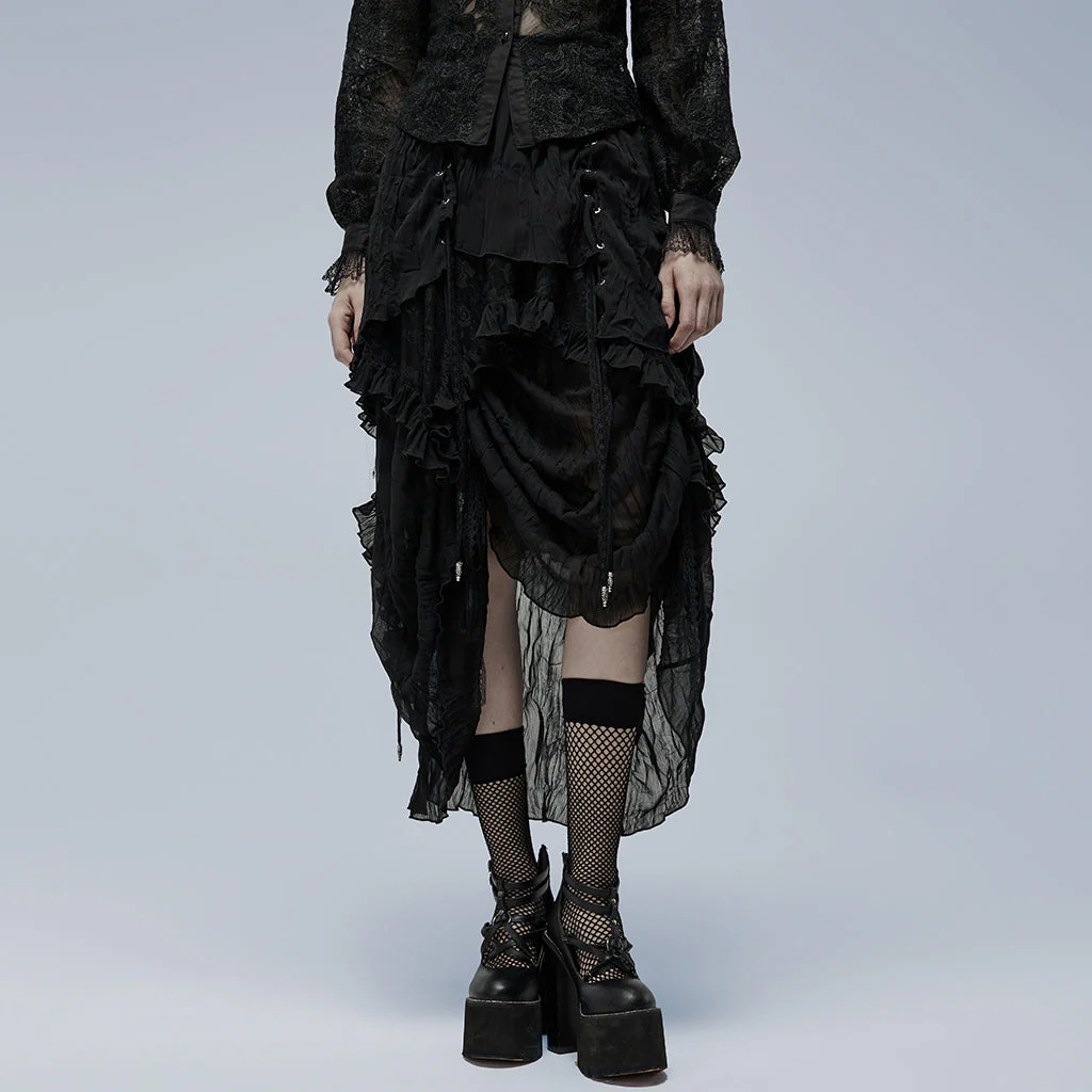 WQ-554BQF Gothic Skirt Layered Black Asymmetrical Lace Ruffle Design - Image 39