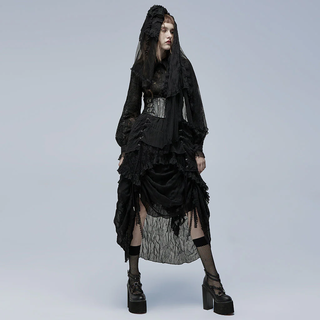 WQ-554BQF Gothic Skirt Layered Black Asymmetrical Lace Ruffle Design - Image 43