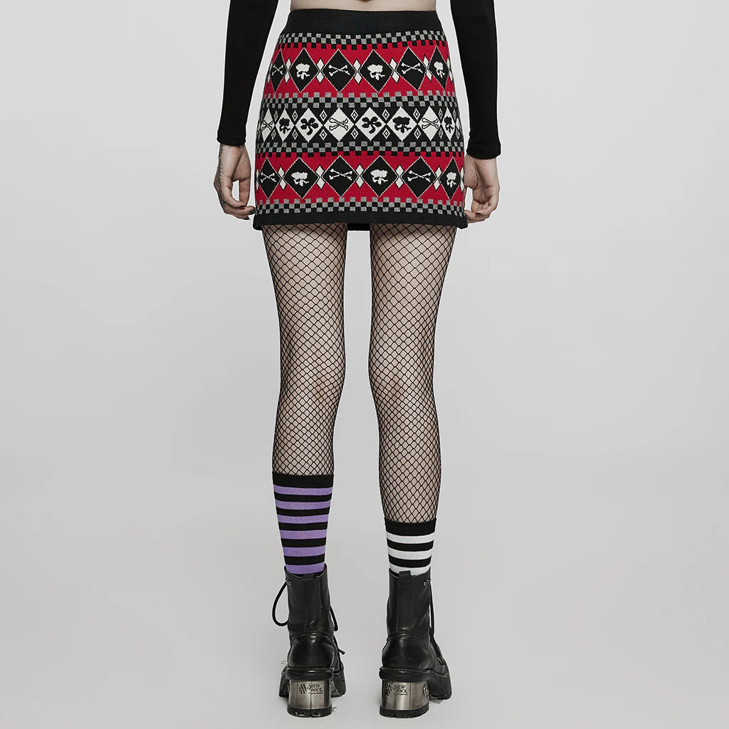 WQ-601BQF Edgy Argyle Punk Skirt with Geometric Black Red Design - Image 4