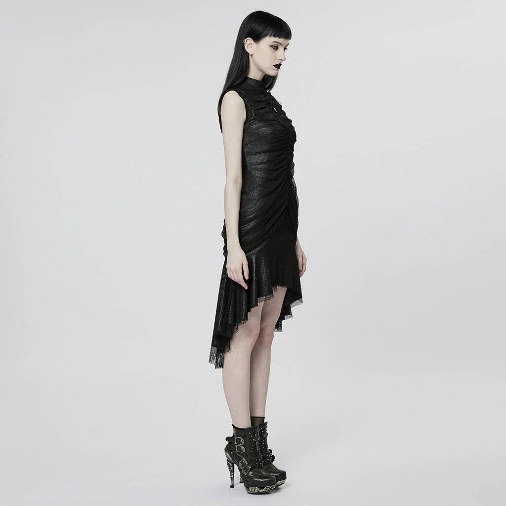 WQ-607LQF Elegant Gothic High-Low black Mesh Layered Dress - Image 3