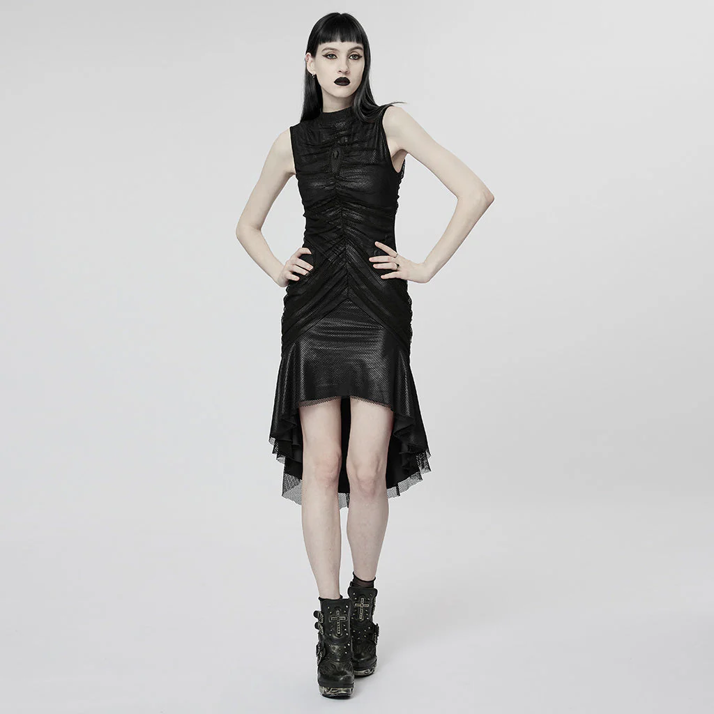 WQ-607LQF Elegant Gothic High-Low black Mesh Layered Dress - Image 5