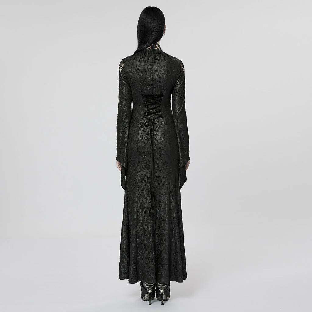WQ-618LQF Gothic Lace High Neck Dress with Floral Embroidery Details - Image 4