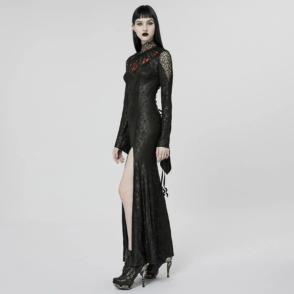 WQ-618LQF Gothic Lace High Neck Dress with Floral Embroidery Details - Image 5