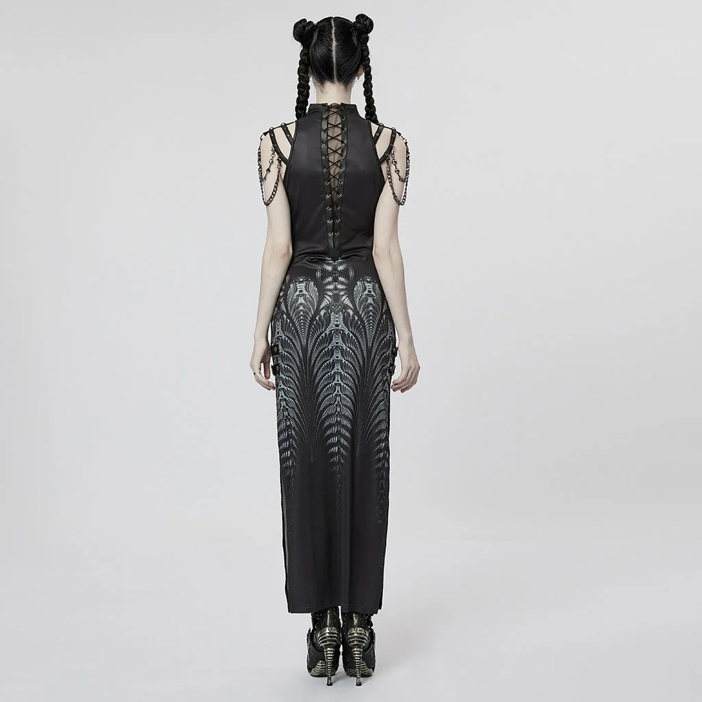 WQ-622LQF Elegant Lace Gothic High-Slit Dress with Chain Details - Image 14