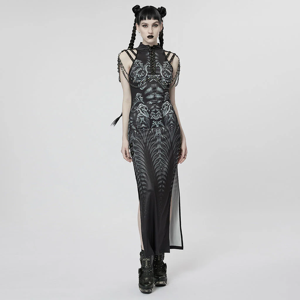 WQ-622LQF Elegant Lace Gothic High-Slit Dress with Chain Details - Image 15