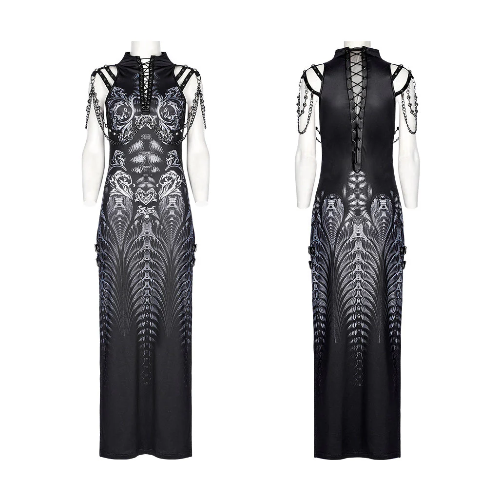 WQ-622LQF Elegant Lace Gothic High-Slit Dress with Chain Details - Image 16