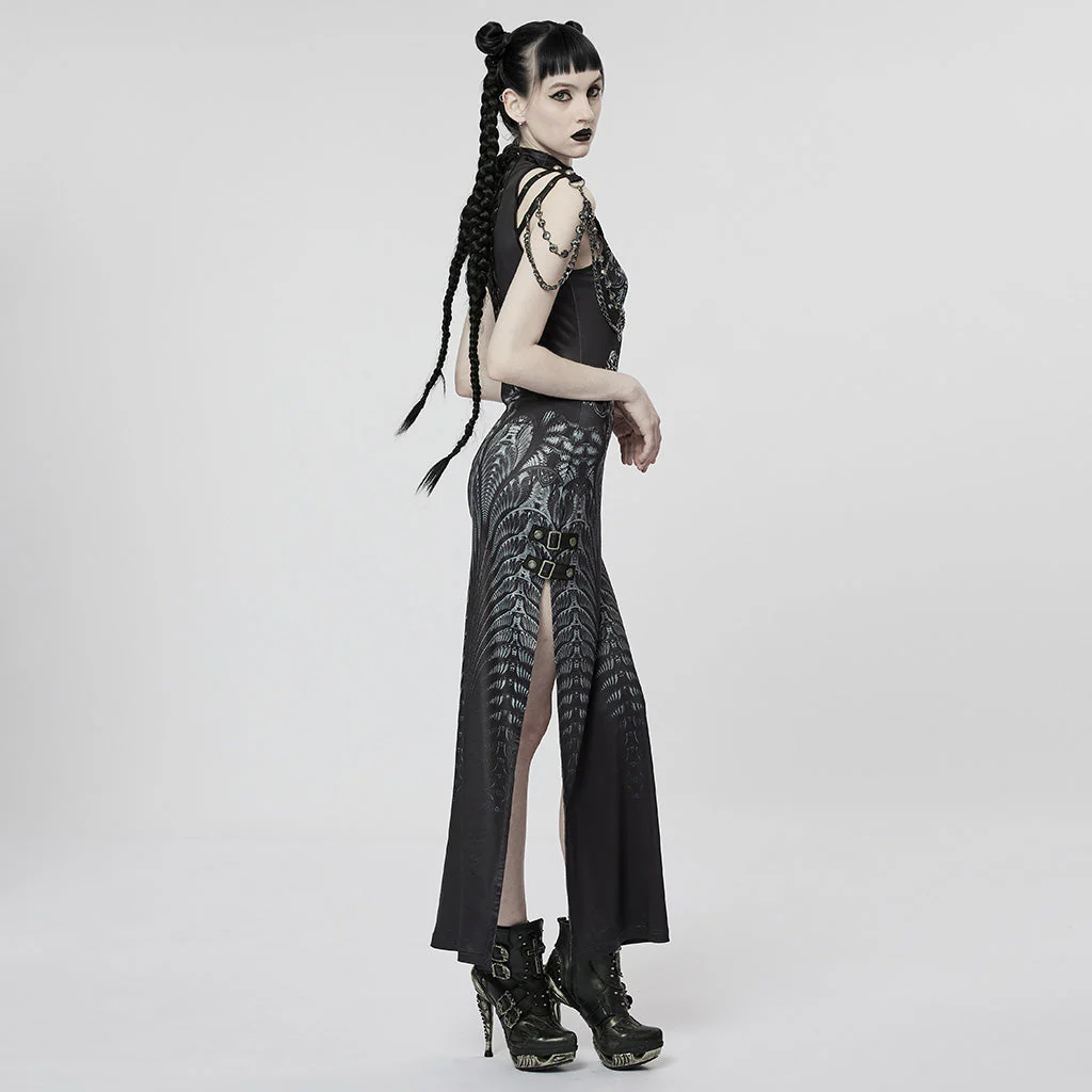 WQ-622LQF Elegant Lace Gothic High-Slit Dress with Chain Details - Image 3