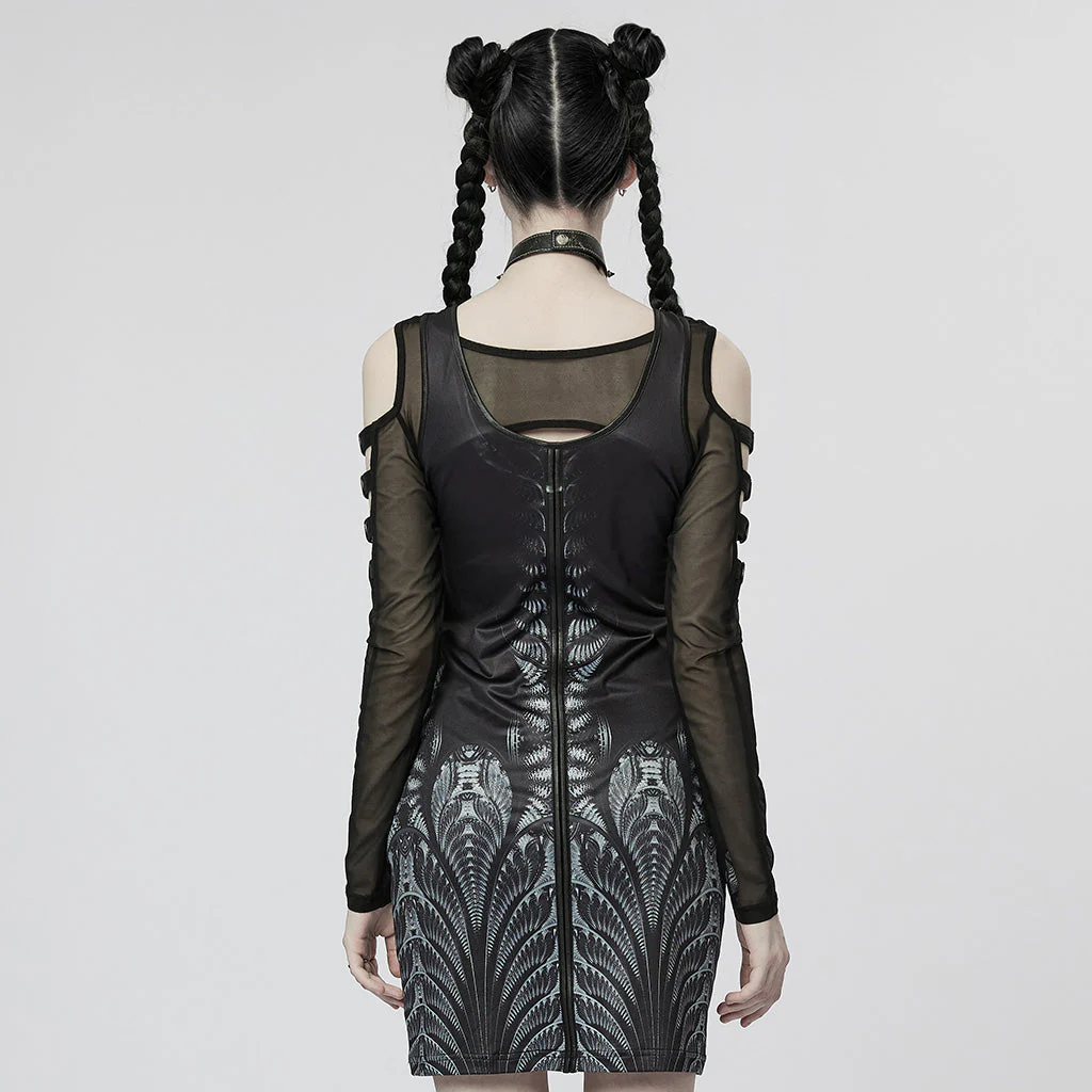 WQ-623LQF Mesh Sleeve Gothic Dress with Intricate Lace Skull Design - Image 14