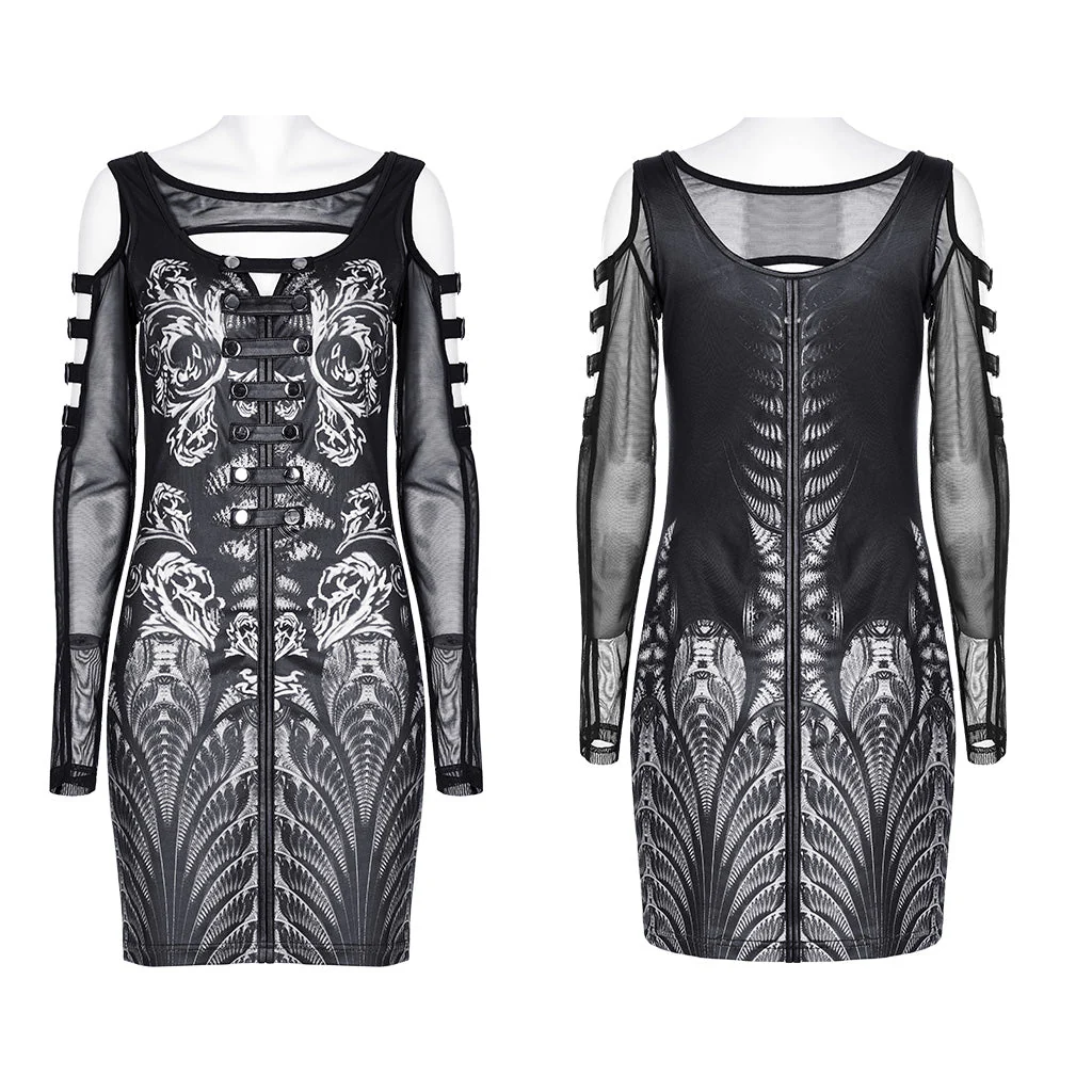 WQ-623LQF Mesh Sleeve Gothic Dress with Intricate Lace Skull Design - Image 16