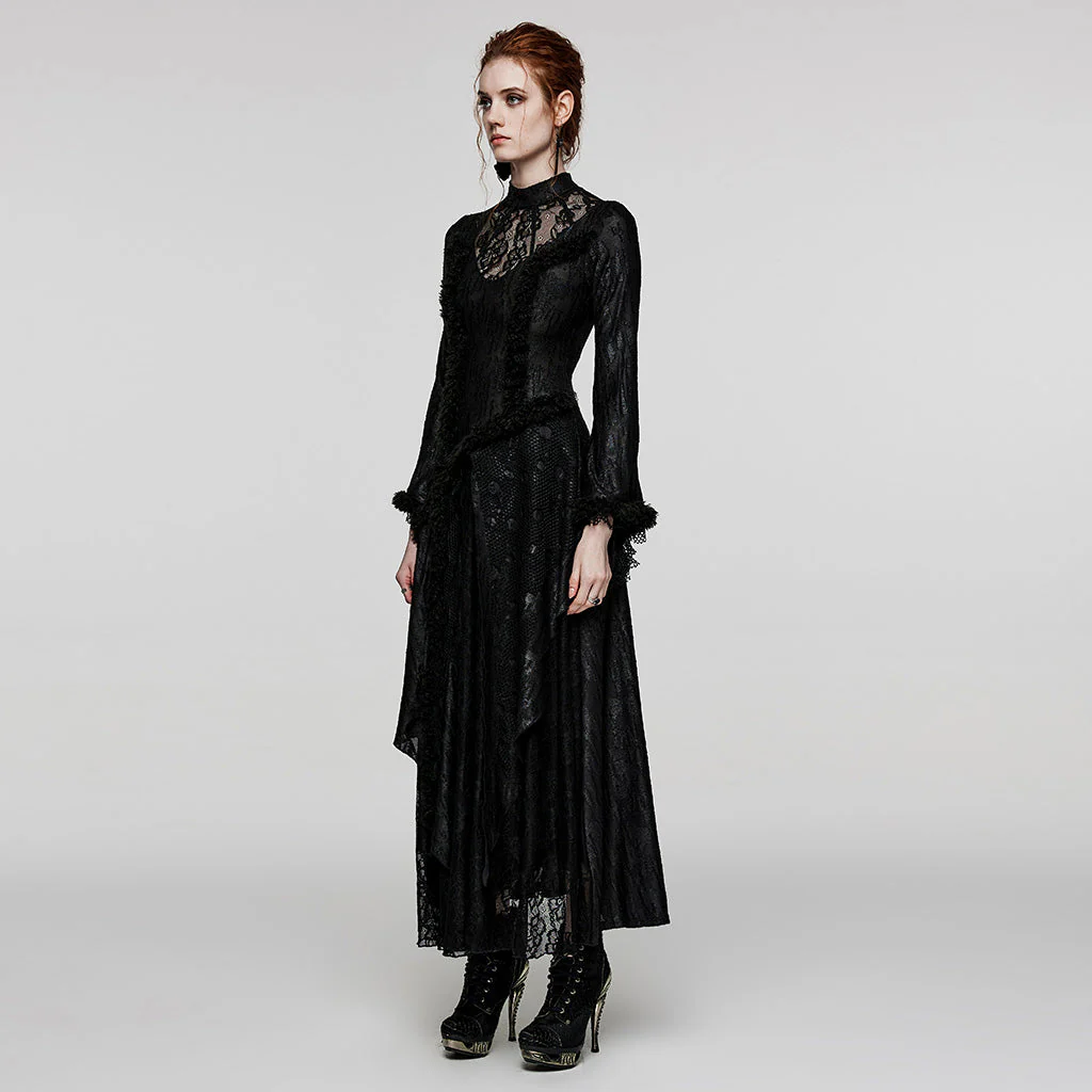 WQ-643LQF Elegant Lace Gothic Dress with Asymmetrical Hem and Bell Sleeves - Image 3