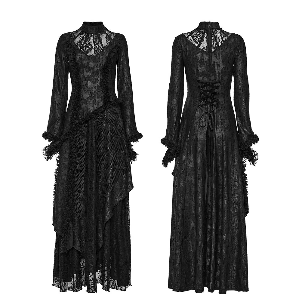 WQ-643LQF Elegant Lace Gothic Dress with Asymmetrical Hem and Bell Sleeves - Image 6
