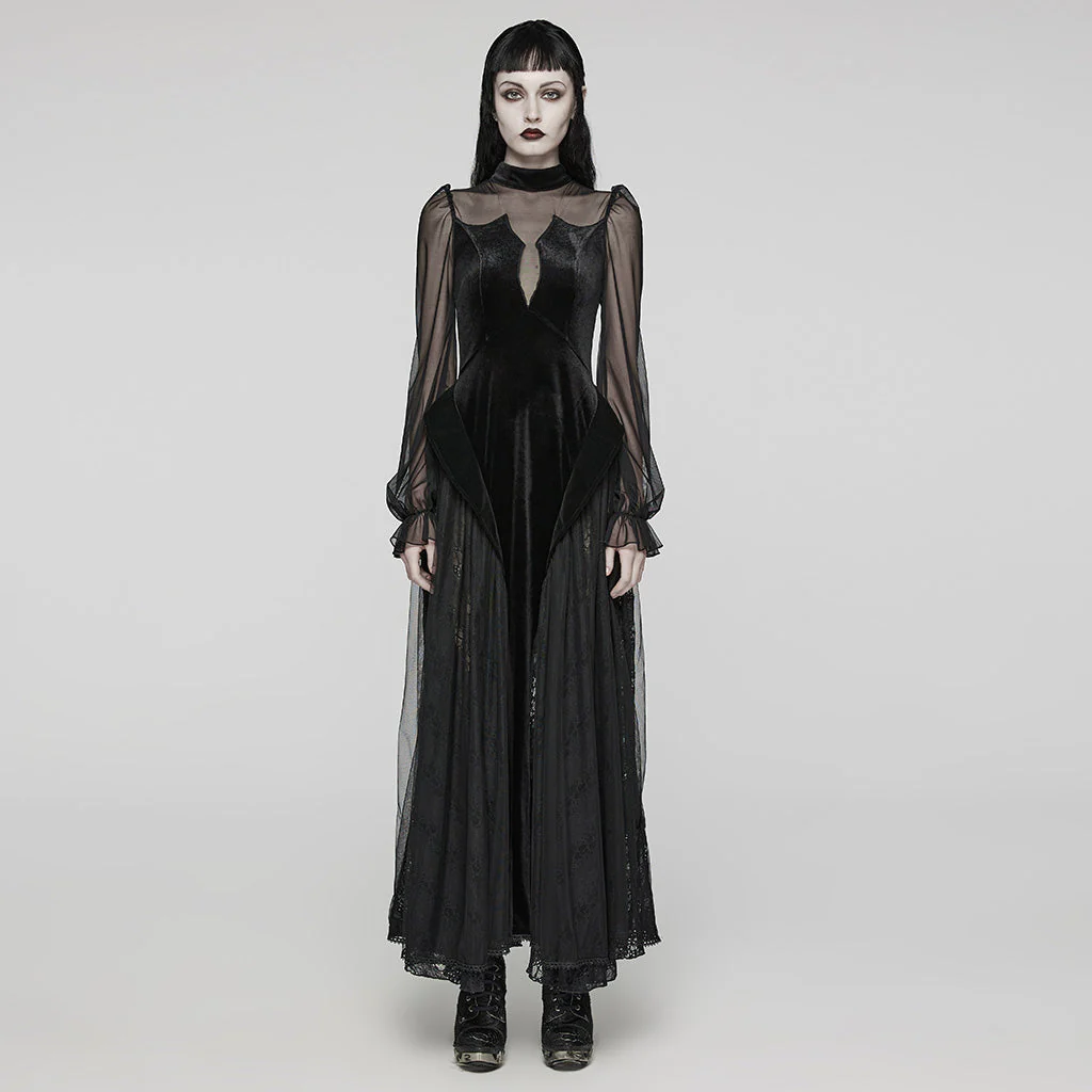 WQ-669LQF Elegant Sheer Sleeve Black Gothic Lace Maxi Dress - Image 13