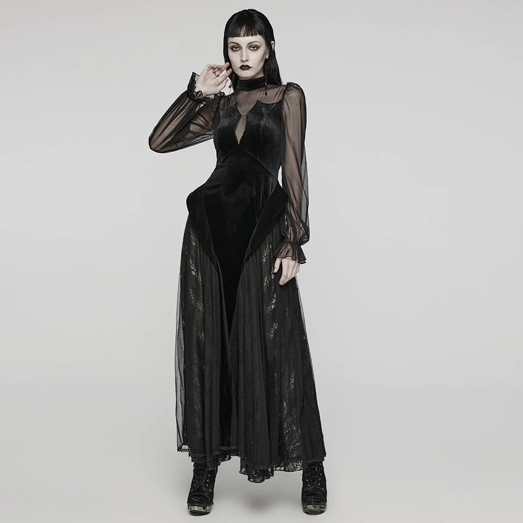 WQ-669LQF Elegant Sheer Sleeve Black Gothic Lace Maxi Dress - Image 16