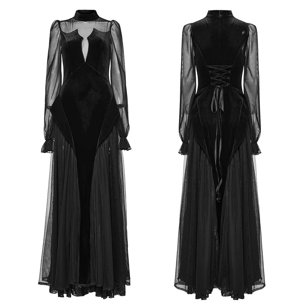 WQ-669LQF Elegant Sheer Sleeve Black Gothic Lace Maxi Dress - Image 20