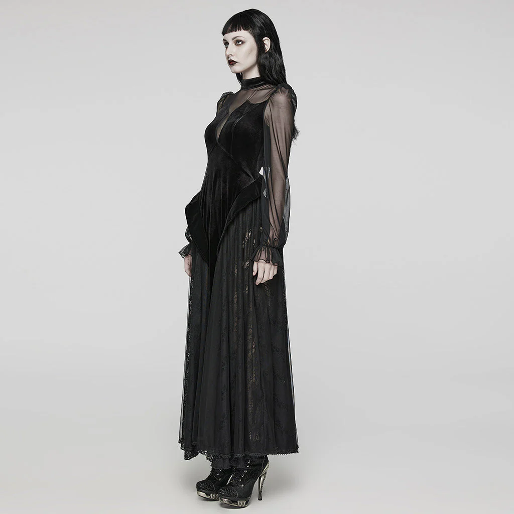 WQ-669LQF Elegant Sheer Sleeve Black Gothic Lace Maxi Dress - Image 22
