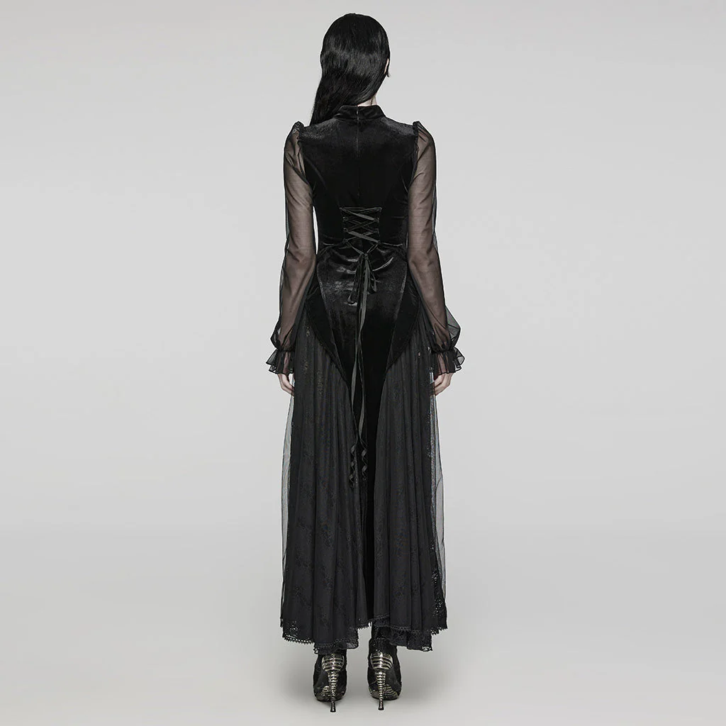 WQ-669LQF Elegant Sheer Sleeve Black Gothic Lace Maxi Dress - Image 5