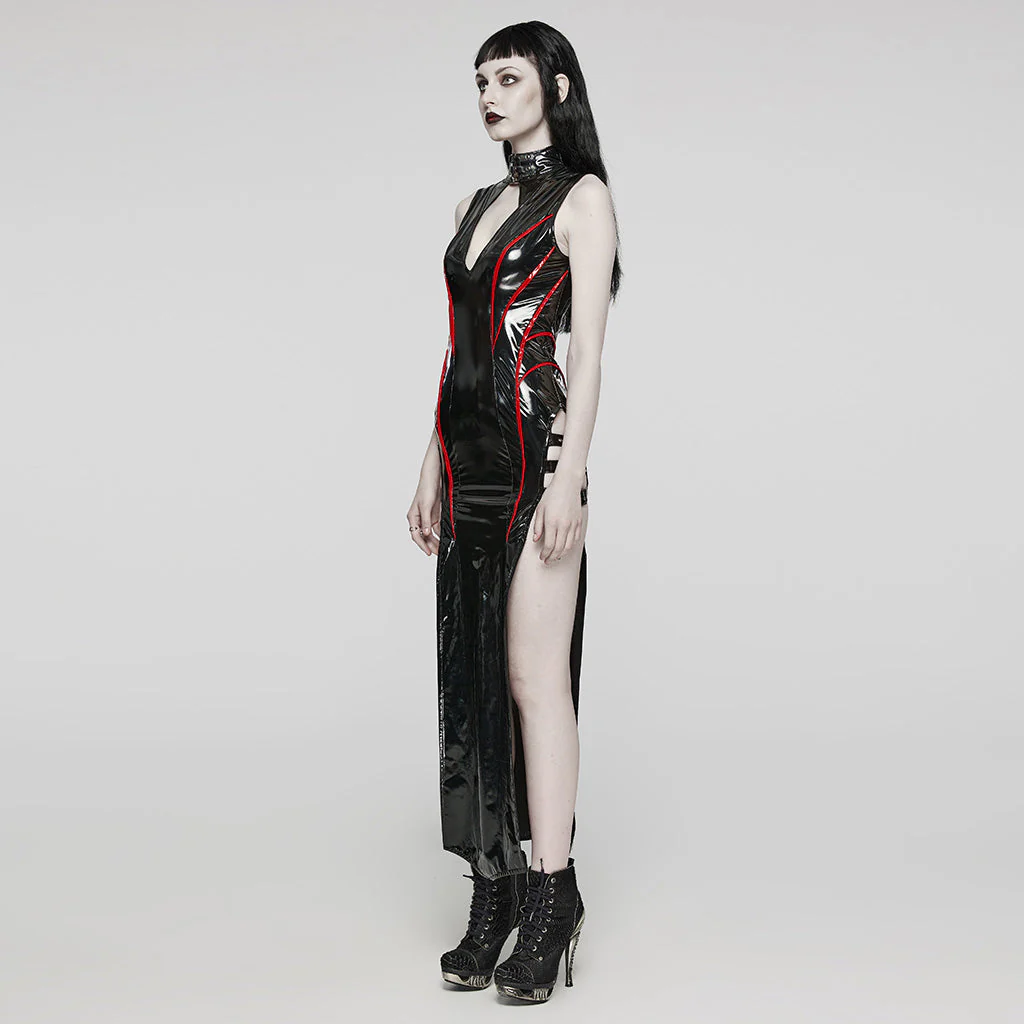 WQ-678LQF Glossy black Gothic Punk Slit Maxi Dress - Image 12