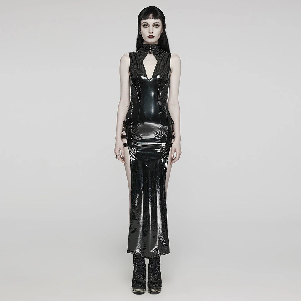 WQ-678LQF Glossy black Gothic Punk Slit Maxi Dress - Image 20