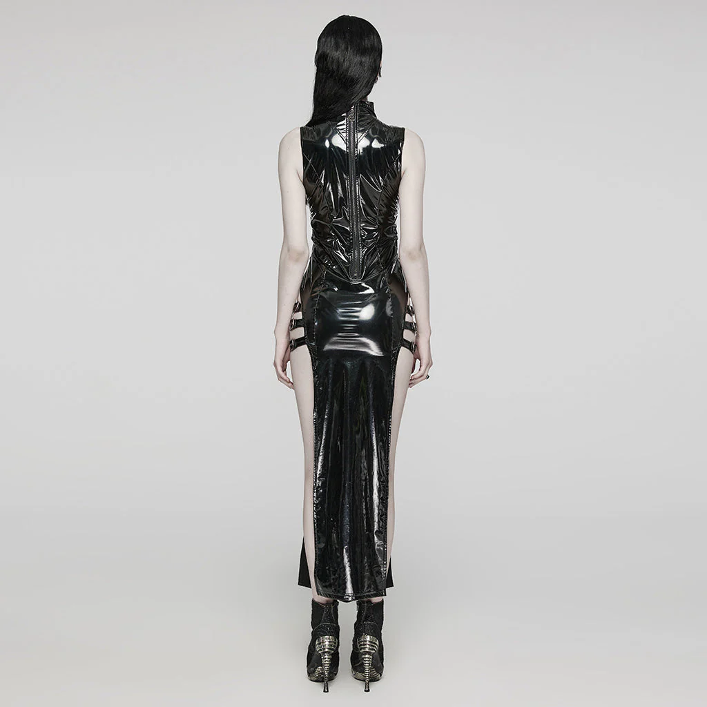 WQ-678LQF Glossy black Gothic Punk Slit Maxi Dress - Image 4