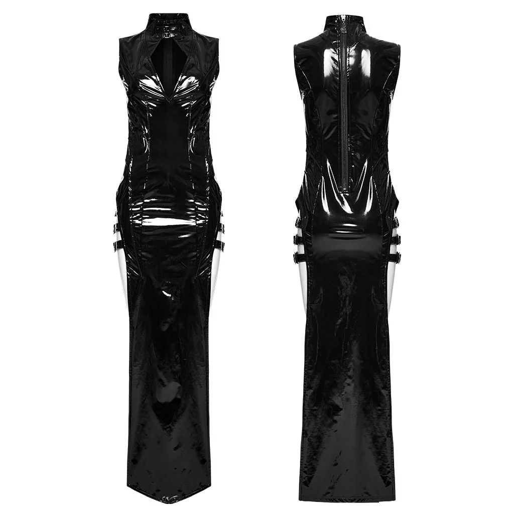 WQ-678LQF Glossy black Gothic Punk Slit Maxi Dress - Image 43
