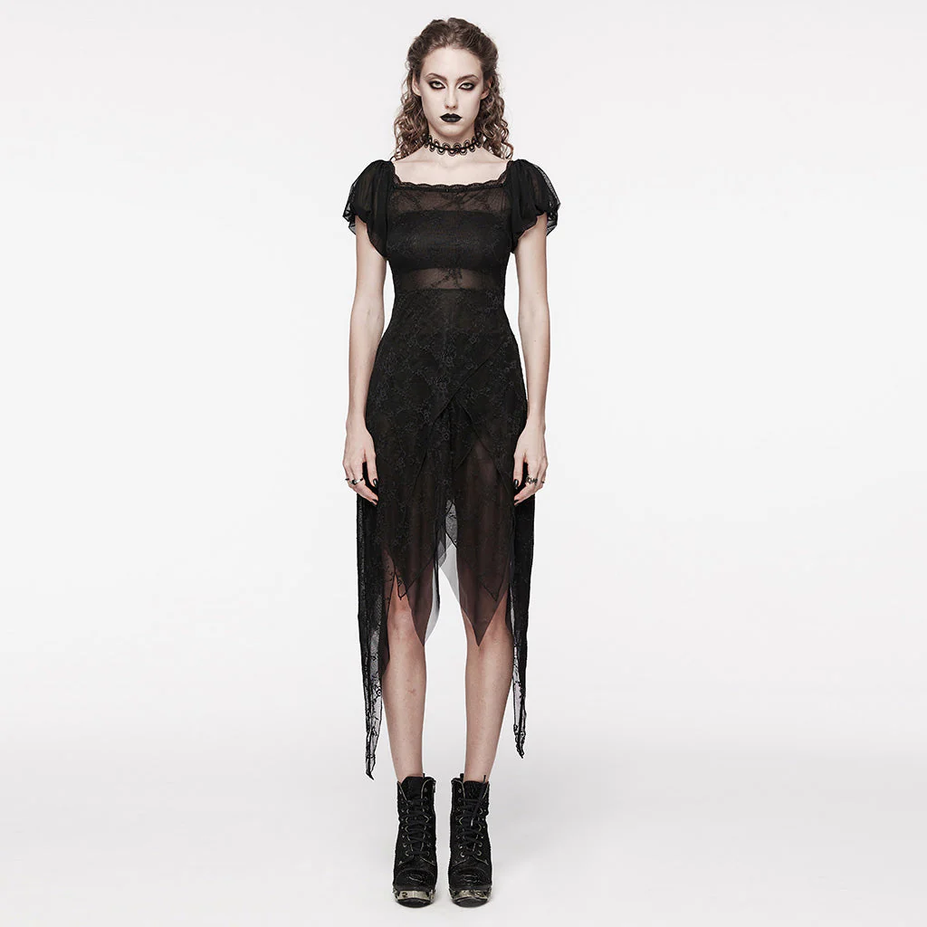 WQ-681LQF Elegant black Lace Asymmetrical Gothic Dress with Sheer Overlay - Image 11