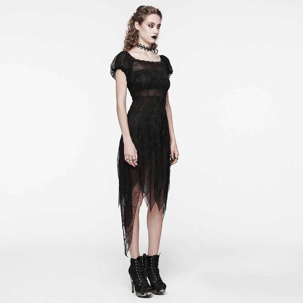 WQ-681LQF Elegant black Lace Asymmetrical Gothic Dress with Sheer Overlay - Image 13