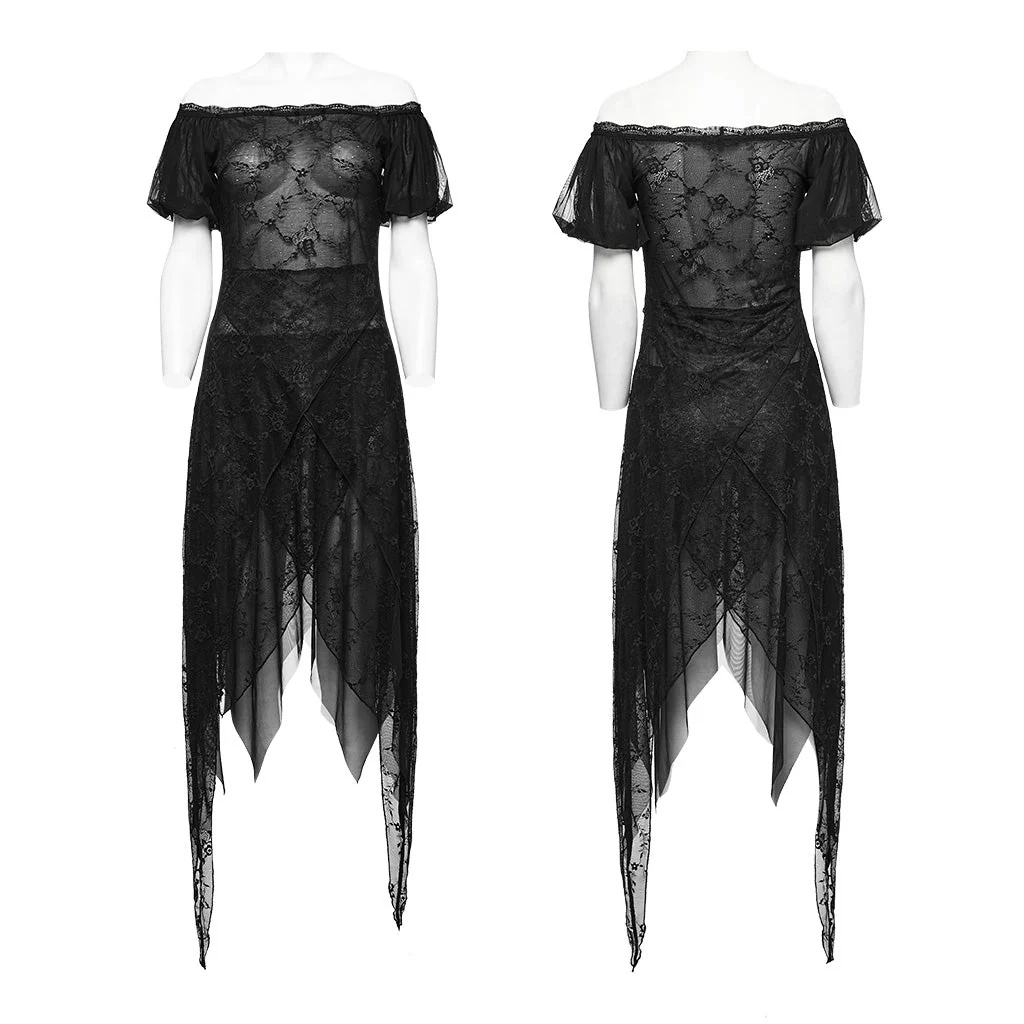 WQ-681LQF Elegant black Lace Asymmetrical Gothic Dress with Sheer Overlay - Image 25