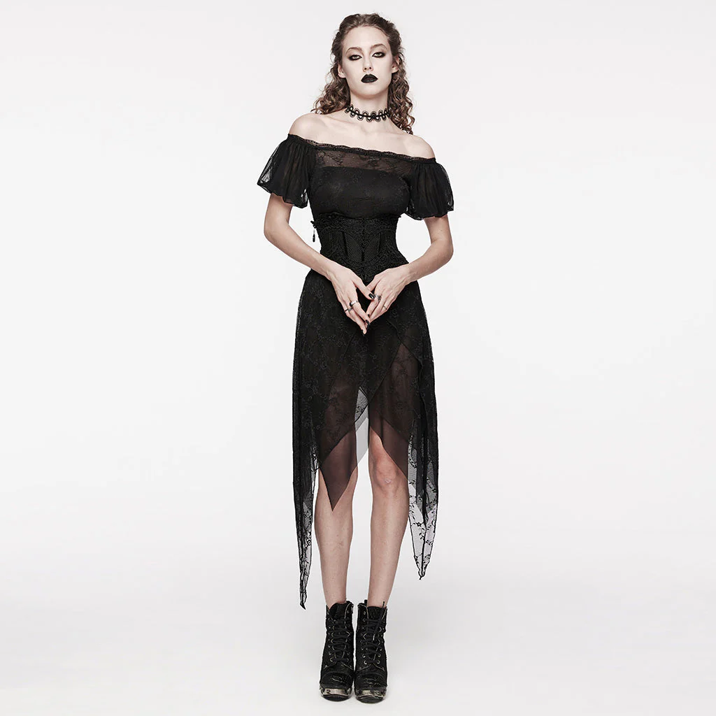WQ-681LQF Elegant black Lace Asymmetrical Gothic Dress with Sheer Overlay - Image 5