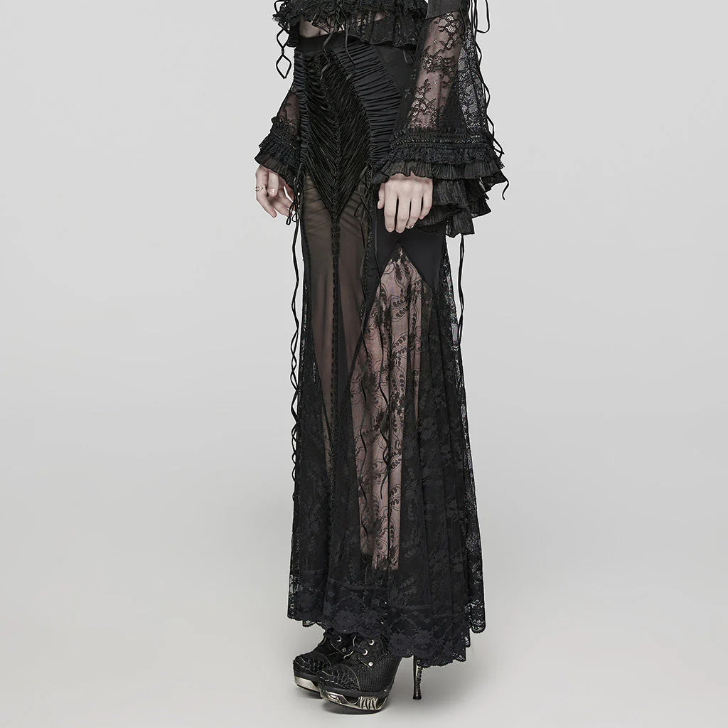 WQ-682BQF Sheer Gothic Lace Maxi Skirt with Ruched Velvet Accents - Image 14
