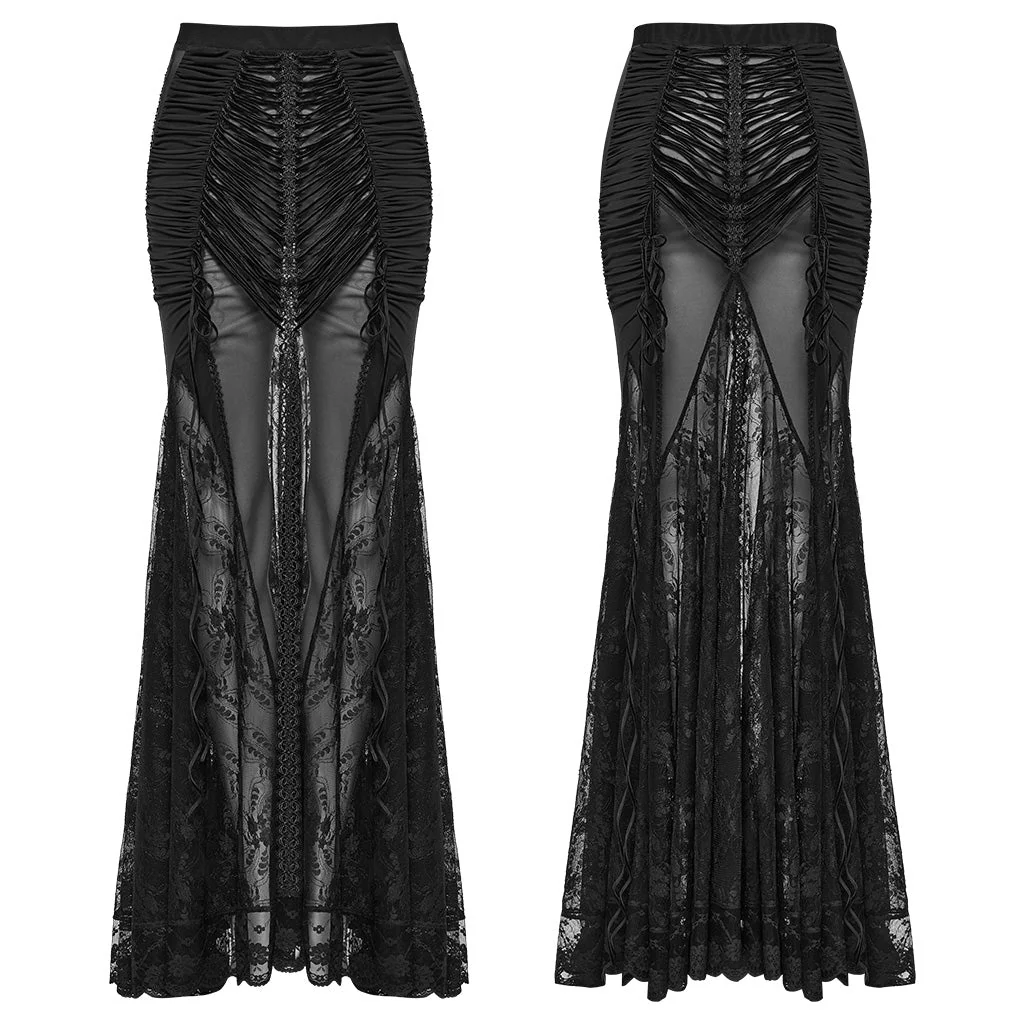 WQ-682BQF Sheer Gothic Lace Maxi Skirt with Ruched Velvet Accents - Image 16