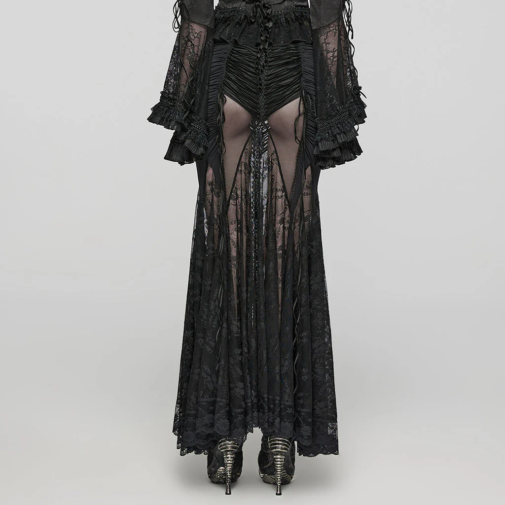WQ-682BQF Sheer Gothic Lace Maxi Skirt with Ruched Velvet Accents - Image 5