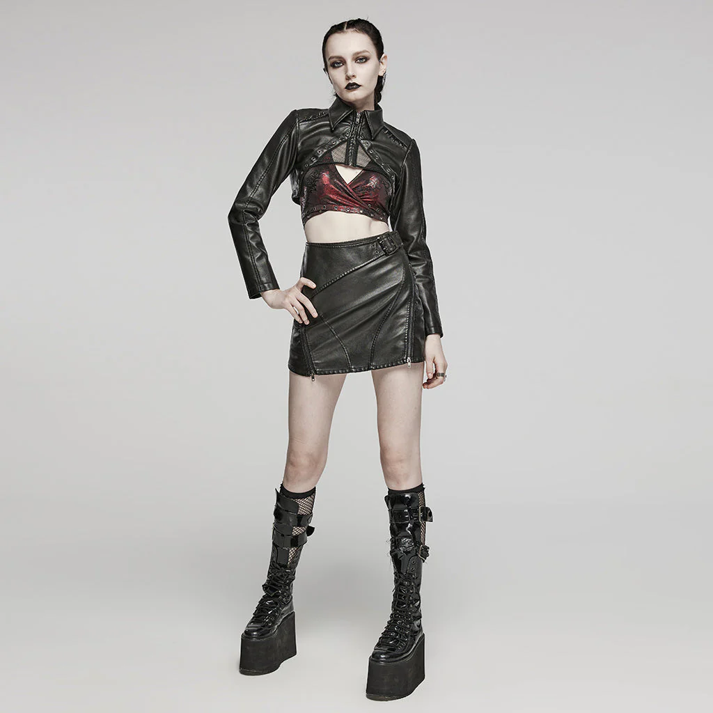 WQ-686BQF Edgy Faux Leather Mini Skirt with Zippered Accents - Image 21
