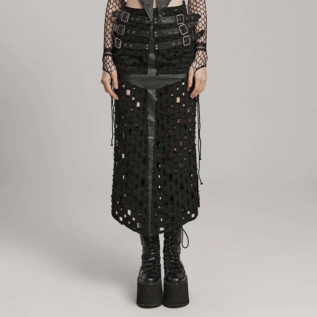 WQ-687BQF Gothic Punk Slit Skirt with Buckle Straps and Cutouts - Image 12