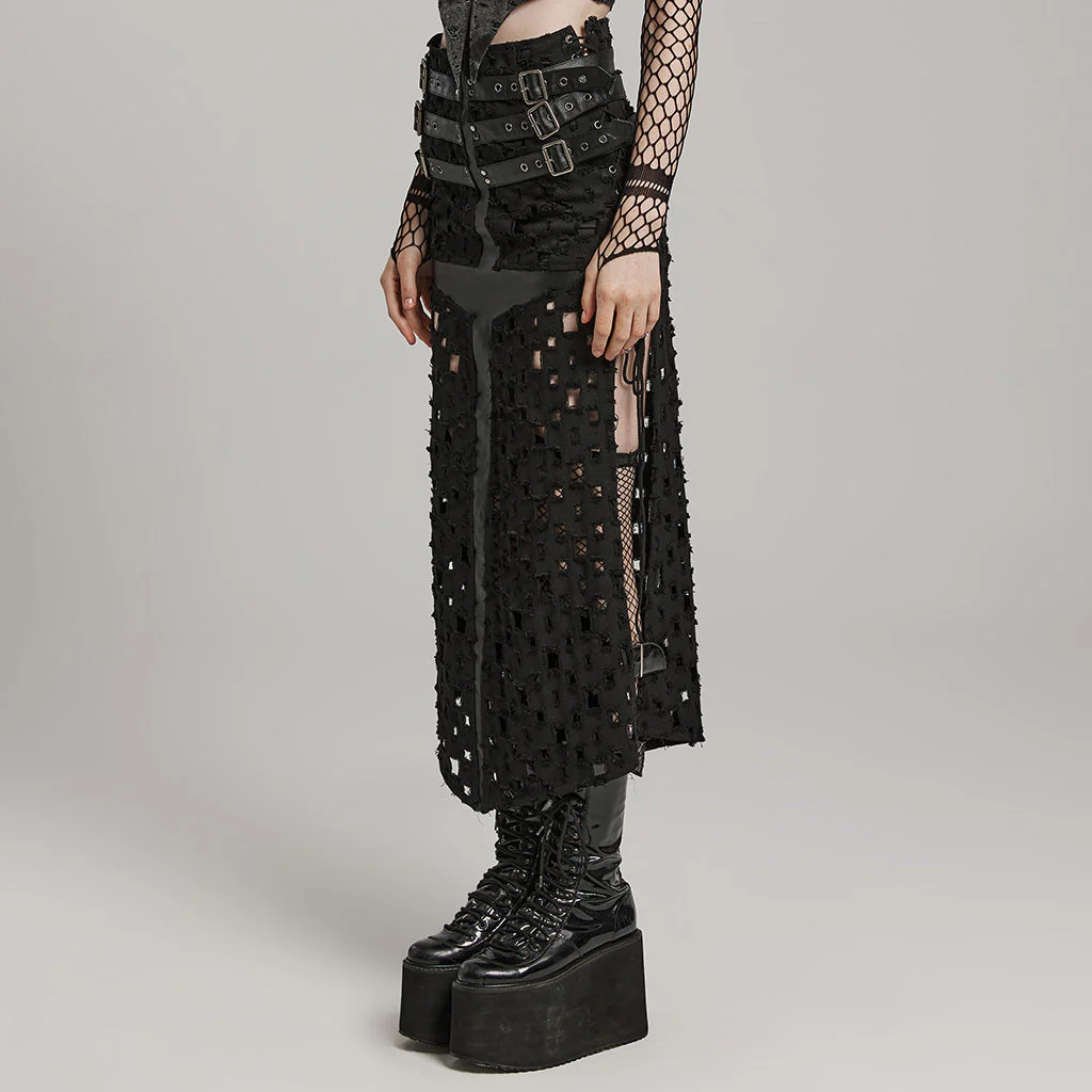 WQ-687BQF Gothic Punk Slit Skirt with Buckle Straps and Cutouts - Image 4