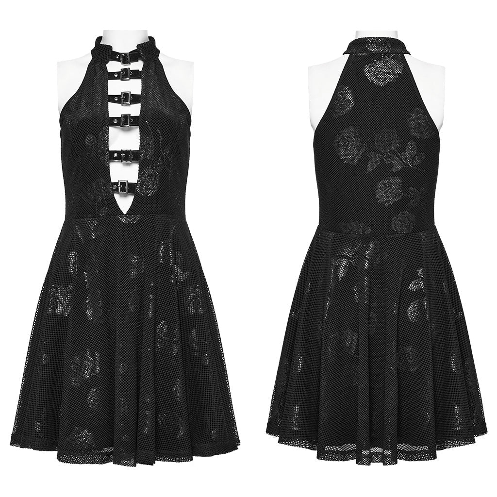 WQ-688LQF Gothic Rose Print Halter Dress Buckle Neckline Mesh Overlay - Image 17