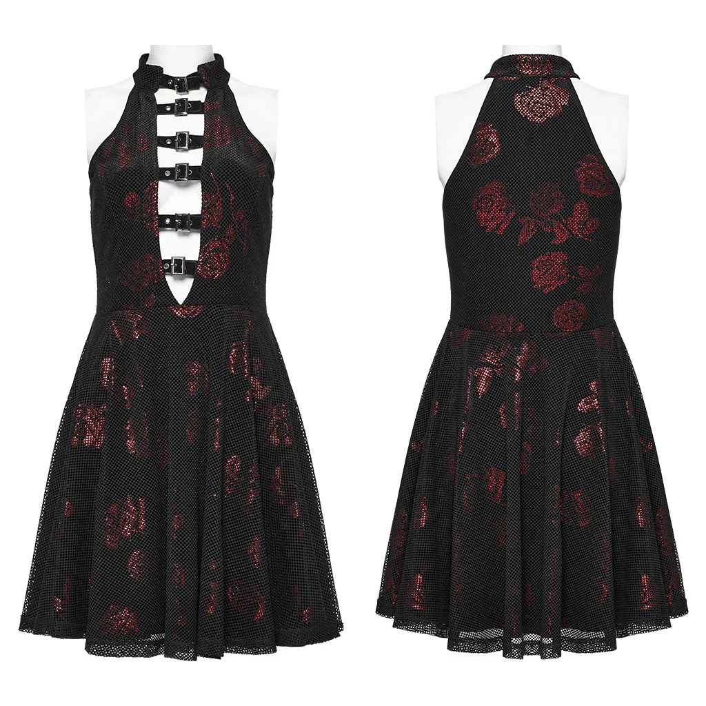 WQ-688LQF Gothic Rose Print Halter Dress Buckle Neckline Mesh Overlay - Image 26