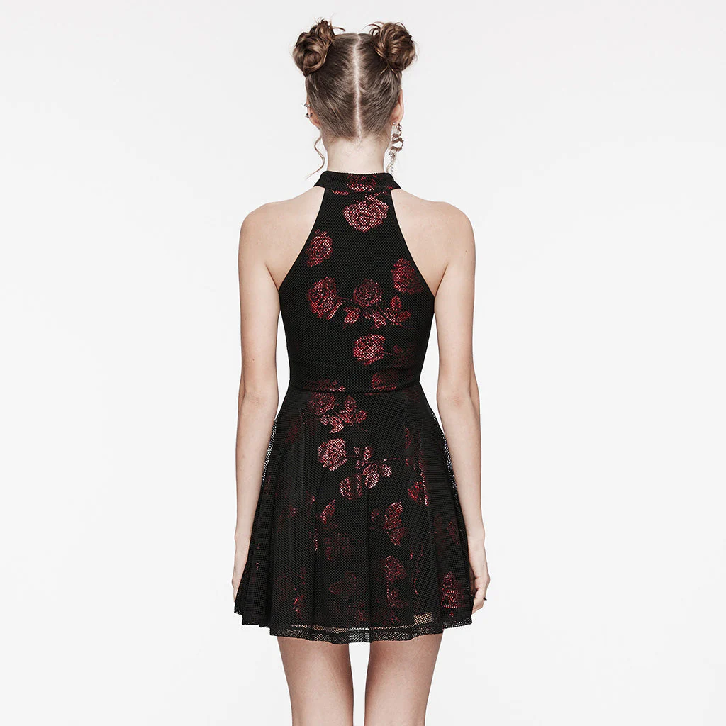 WQ-688LQF Gothic Rose Print Halter Dress Buckle Neckline Mesh Overlay - Image 4