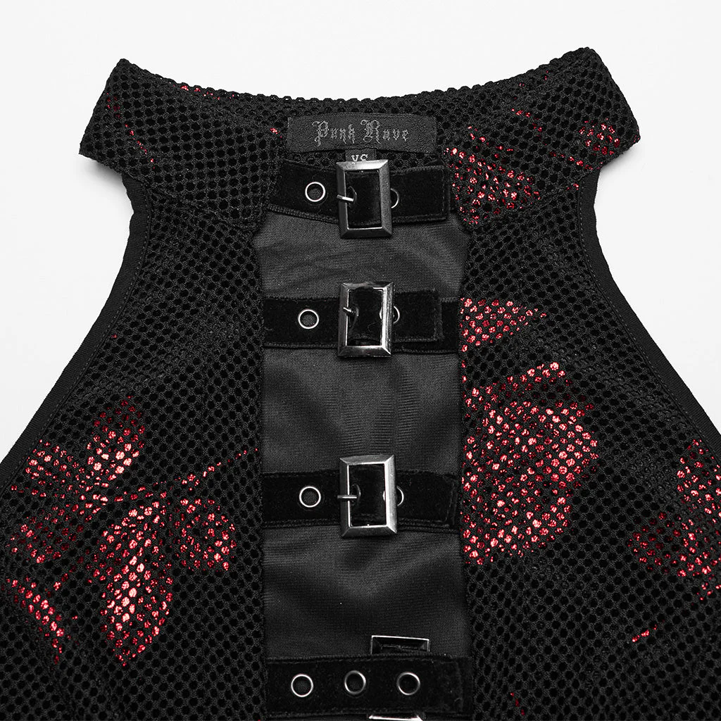 WQ-688LQF Gothic Rose Print Halter Dress Buckle Neckline Mesh Overlay - Image 7