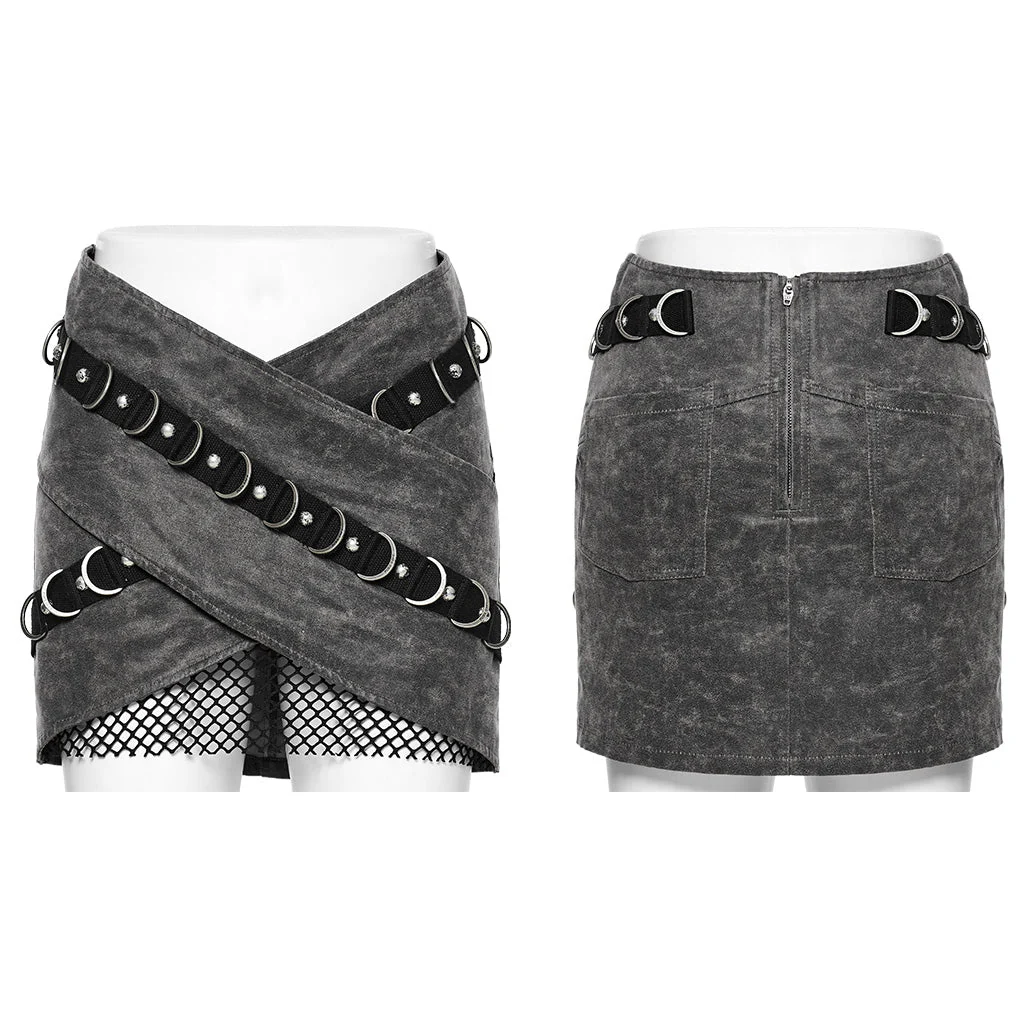 WQ-689BQF Edgy Buckle Fishnet Layered Punk Skirt - Image 26