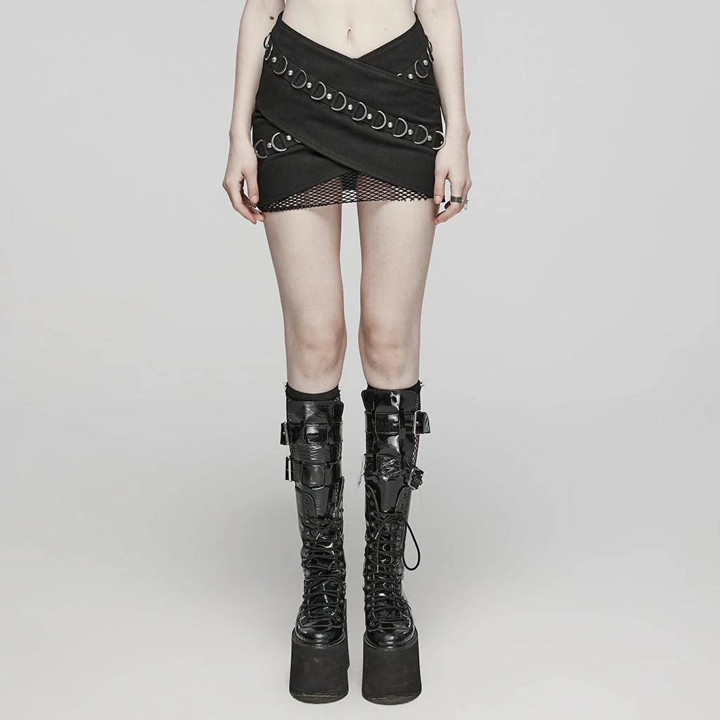 WQ-689BQF Edgy Buckle Fishnet Layered Punk Skirt - Image 32
