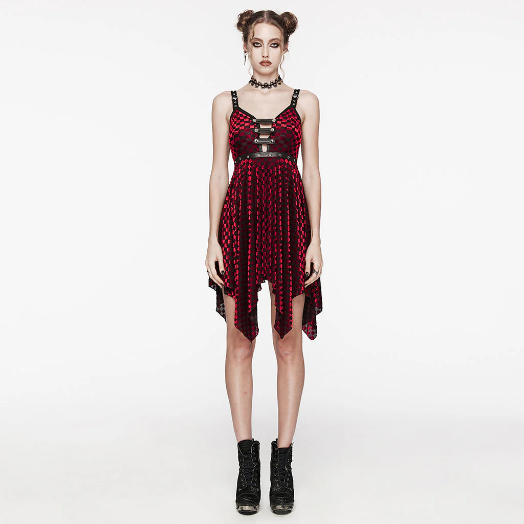 WQ-690LQF Gothic Red Plaid Dress Buckle Details Handkerchief Hem