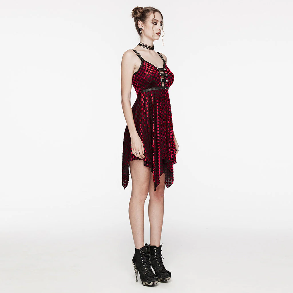 WQ-690LQF Gothic Red Plaid Dress Buckle Details Handkerchief Hem - Image 21