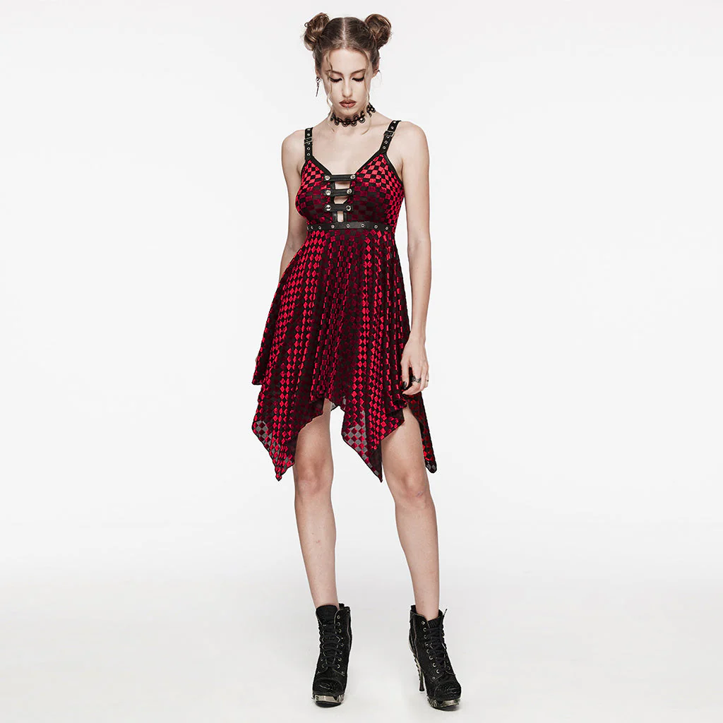 WQ-690LQF Gothic Red Plaid Dress Buckle Details Handkerchief Hem - Image 5