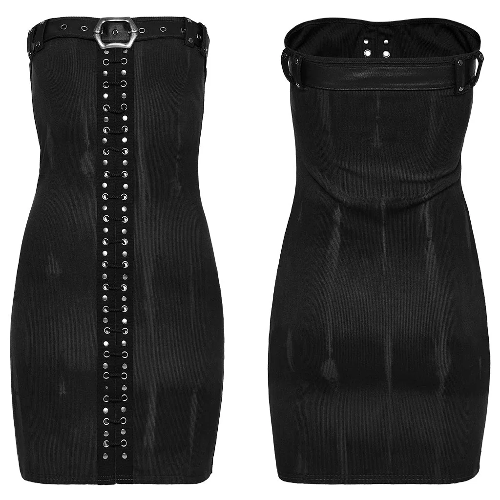 WQ-691LQF Strapless Faux Leather Trim Studded Gothic Punk Dress - Image 6